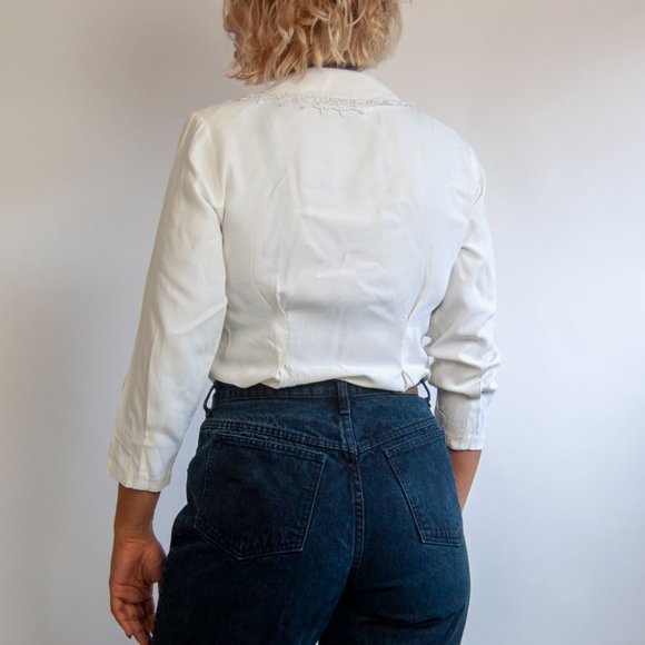 80s cream oversized collar blouse m medium / long sleeve lace blouse / lace bib - Picture 3 of 7